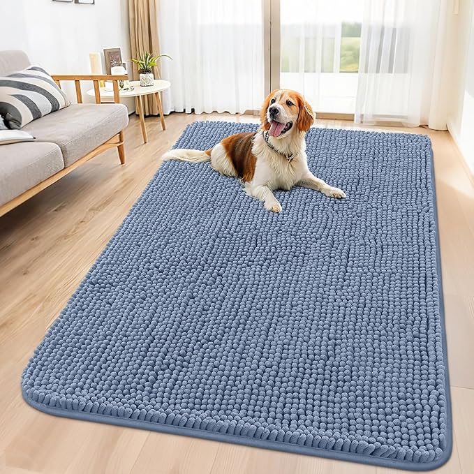 Smiry Dog Door Mat for Muddy Paws 59x35, Absorbs Moisture and Dirt Doormat, Non-Slip Washable Quick Dry Chenille Front Door Mat Indoor Entrance, Entryway Carpet for Inside Floor, Airy Blue