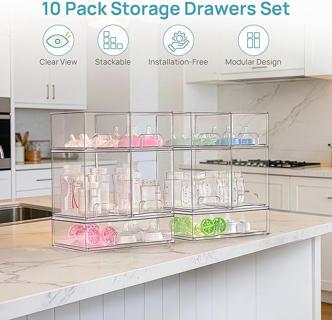 Vtopmart 10 Pack Clear Baby Bottle Organizer Set, Stackable Storage Drawers Ideal for Kichen Countertop, Vanity, Bathroom, Cabinet, Pantry Organization