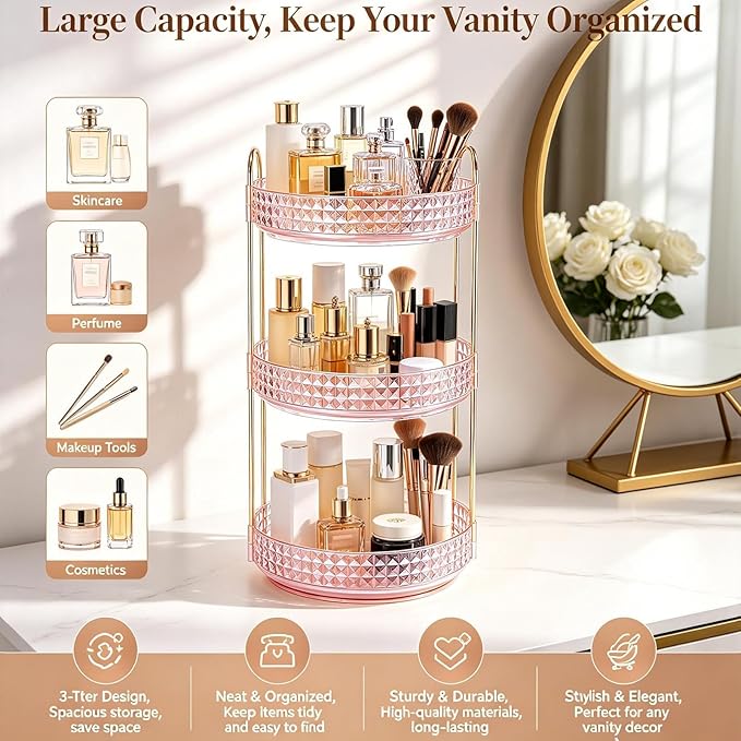 Fangoo 3 Tiers Pink Rotating Makeup Organizer for Vanity 360 Spinning Skincare Organizers for Dresser Perfume Organizer Large Skincare Make up Storage Cosmetic Organizer for Bathroom Countertop