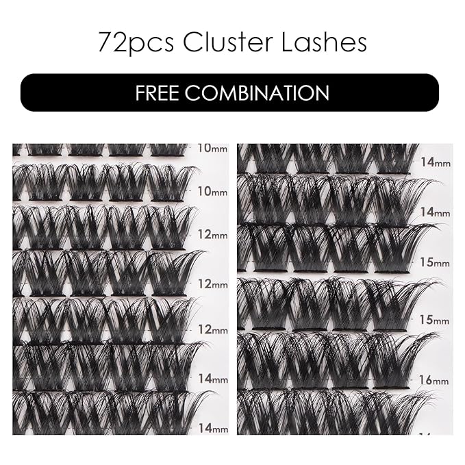 Cluster Lashes 72 Individual Lashes Clusters Eyelash Extensions False Eyelashes DIY Lash Extension Reusable False Eyelashes Natural Look Mix 10-16mm-DM27