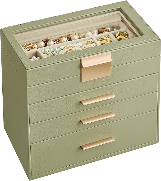 SONGMICS GISELLA Collection - Jewelry Box Organizer, 4-Layer Jewelry Storage with 3 Drawers, Shiny Metal Hardware, Glass Lid, Modern, 6 x 9.9 x 8.5 Inches, Laurel Green and Gold Color UJBC161C02