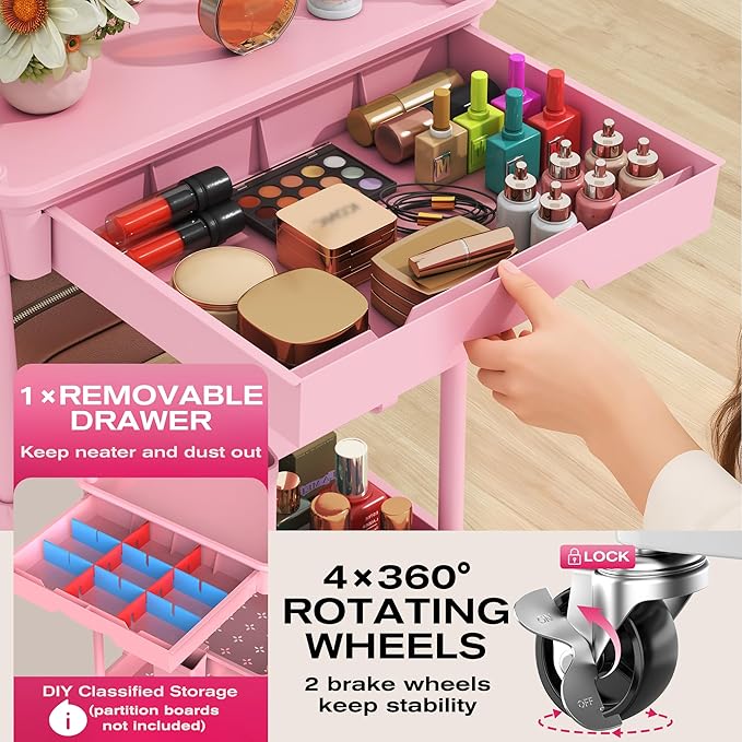 Goovilla Rolling Makeup Organizer Cart with Removable Drawer, 3 Tier Stable Pink Floor Skincare Storage Cart for Vanity, Cosmetic Display, Nail Polish, Perfume, Hair Stuff, Beauty, Bathroom(Plastic)