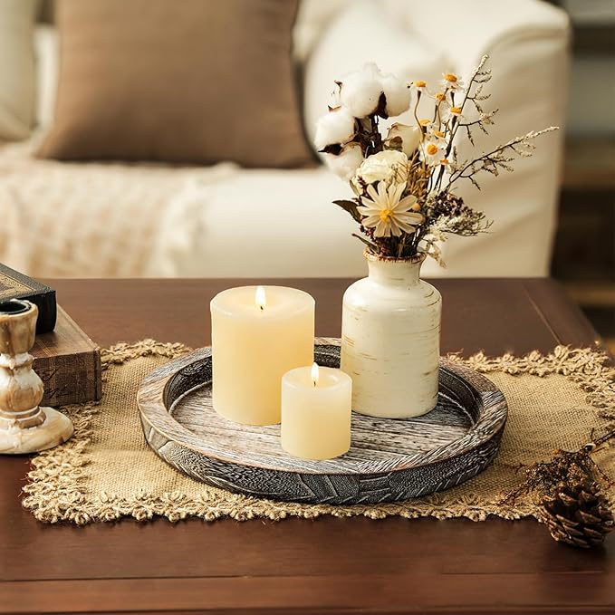 Wooden Decorative Tray Candle Holder: Romadedi Round Wood Tray Home Decor, Whitewash Rustic Trays for Farmhouse Dinning Table Kitchen Countertop Coffee Table Wedding Centerpiece, 11inch, Size L