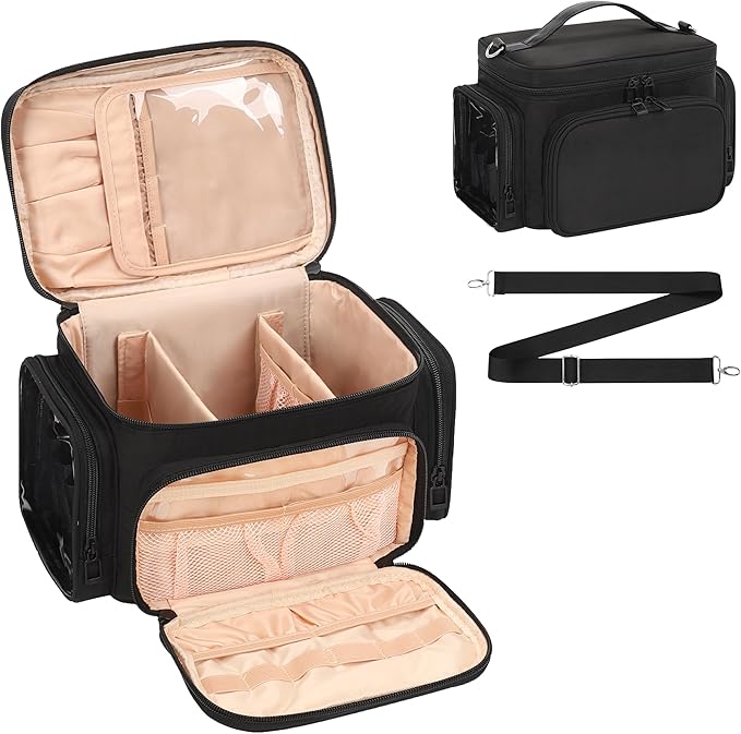 Bagmoly Makeup Bag, Portable Large Travel Makeup Bag Organizer for Women Girls with Makeup Brush Compartment, Cosmetic Travel Bag Vertical Storage Toiletry Bag - Black with Shoulder Strap