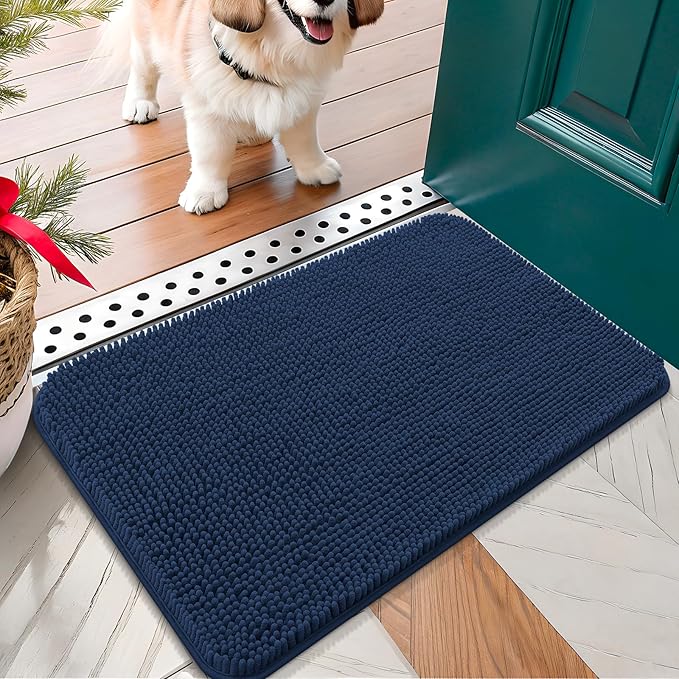 OLANLY Dog Door Mat for Muddy Paws 30x17, Absorbs Moisture and Dirt, Absorbent Non-Slip Washable Doormat, Quick Dry Chenille Mud Mat for Dogs, Entry Indoor Entryway Carpet for Inside Floor, Dark Blue