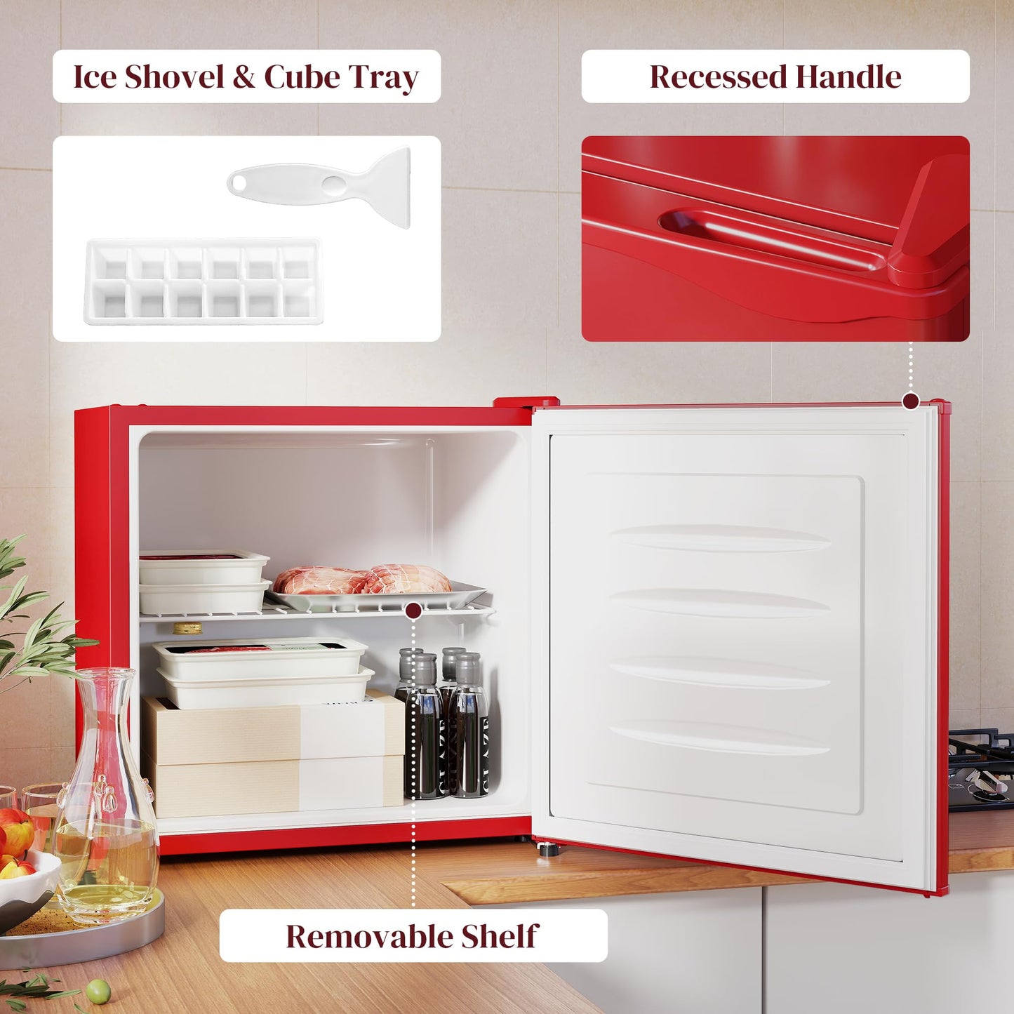 HOMCOM Mini Freezer Countertop, 1.1 Cu.Ft Compact Upright Freezer with Removable Shelves, Reversible Door for Home, Dorm, Apartment and Office, Red