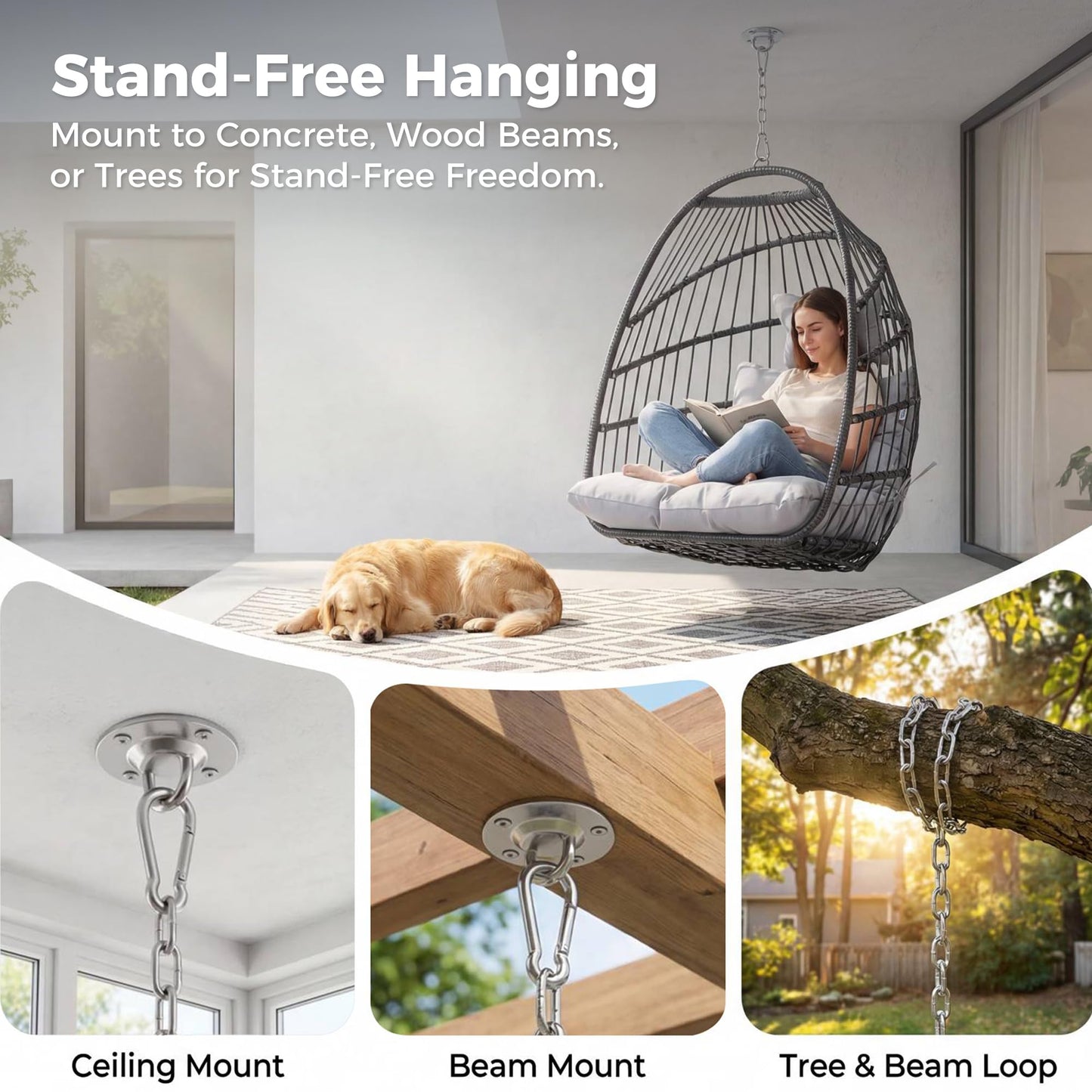 NICESOUL Comfy Egg Chair without Stand Indoor Outdoor, Patio Wicker Hanging Swing Egg Shell Chairs No Stand, 350lbs Capacity Sturdy Swing Hammock Basket Seating with Cushions for Bedroom Balcony, Gray