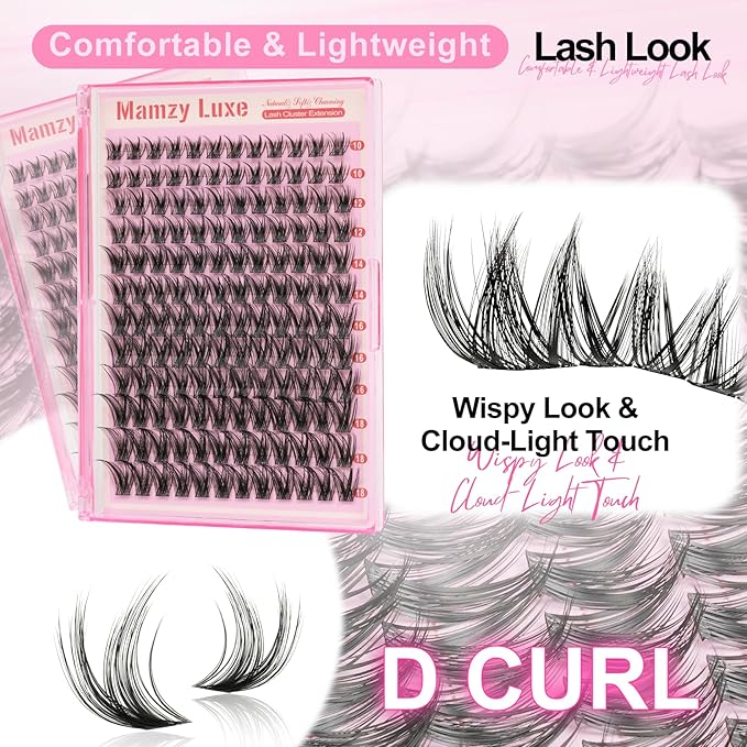 Lash Clusters Wispy Eyelash Clusters D Curly 10-18MM Cluster Eyelash Extensions 144PCS Individual Lashes Thin Soft Lashes Clusters Band DIY False Eyelashes Extension