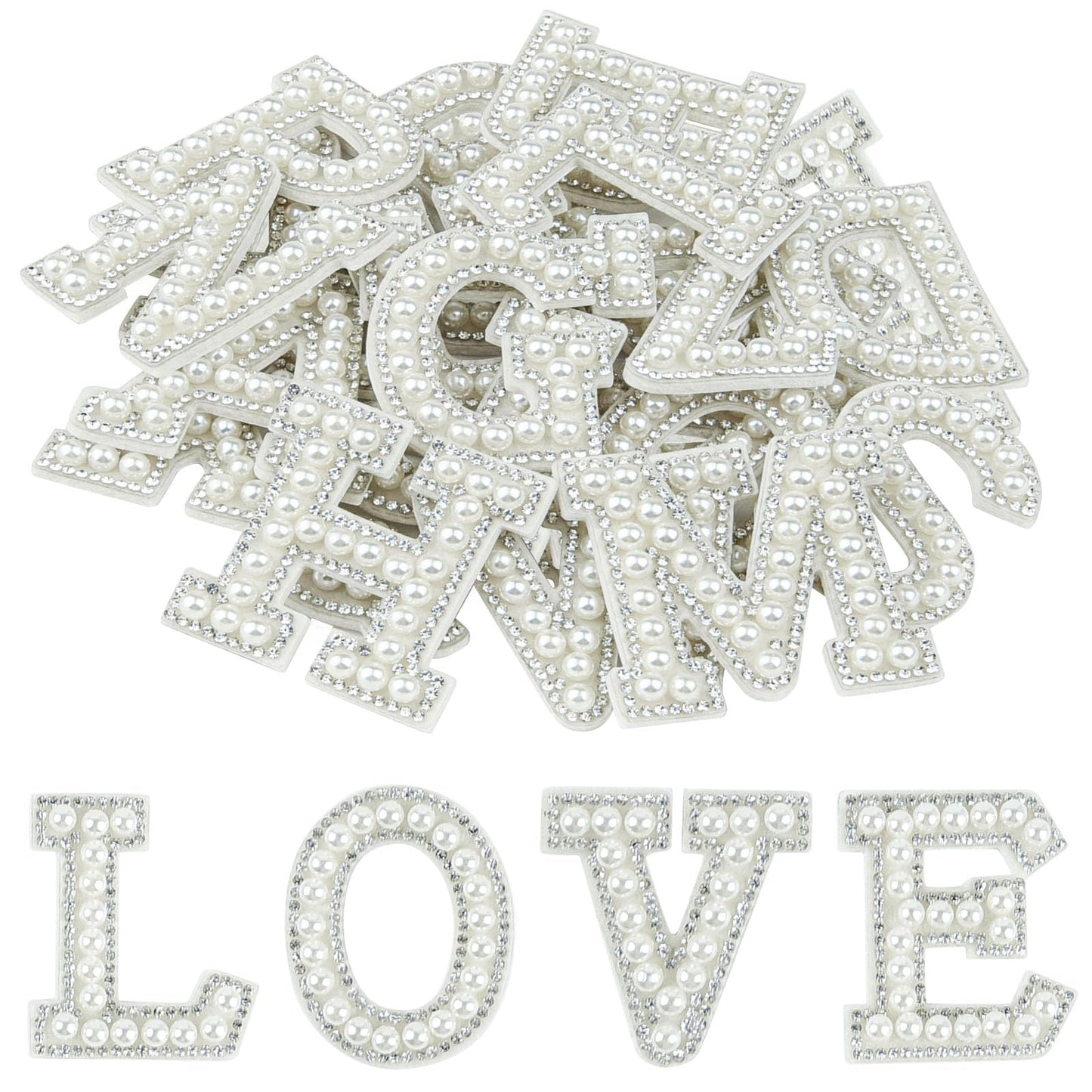 Morcheiong 52Pcs Pearl Rhinestone Letter Patches Self Adhesive A-Z, Stick on Pearl Letter Patches for Clothes, Fabric, Backpack (White)