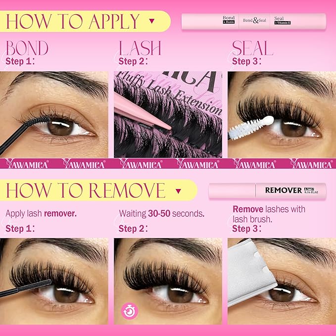 Yawamica Fluffier Lash Clusters Kit with Remover Wispy Cluster Eyelash Extensions 12-20mm Eyelash Clusters 200D Volume Lash Extension Kit D Curly Cluster Lashes with Bond and Seal Remover Tweezers
