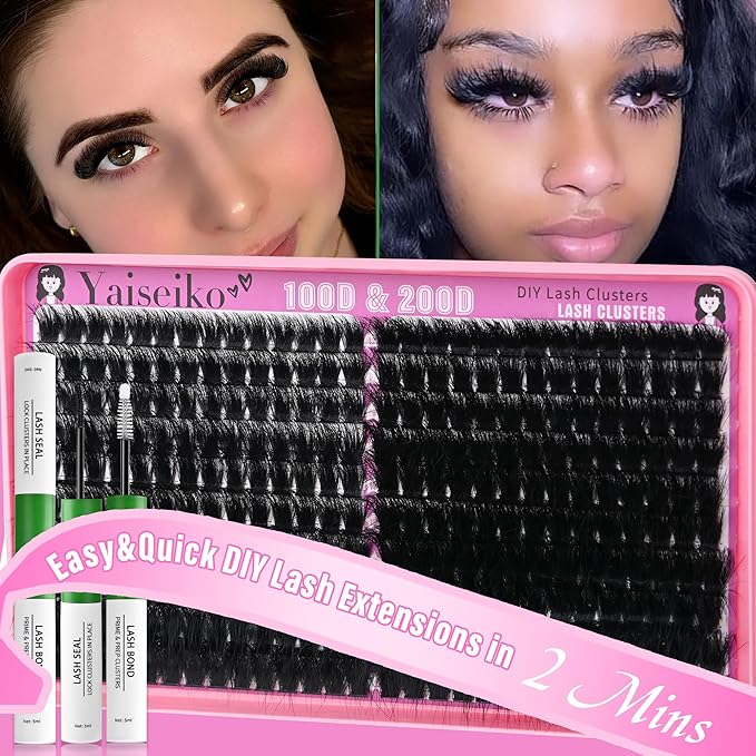 Yaiseiko Lash Clusters Kit 100D+200D Thick Volume Eyelash Clusters Kit 12-25mm Wispy Individual Lashes D Curl Long Cluster with Lash Bond and Seal Waterproof DIY Lash Extension Kit(KIT-280PCS)