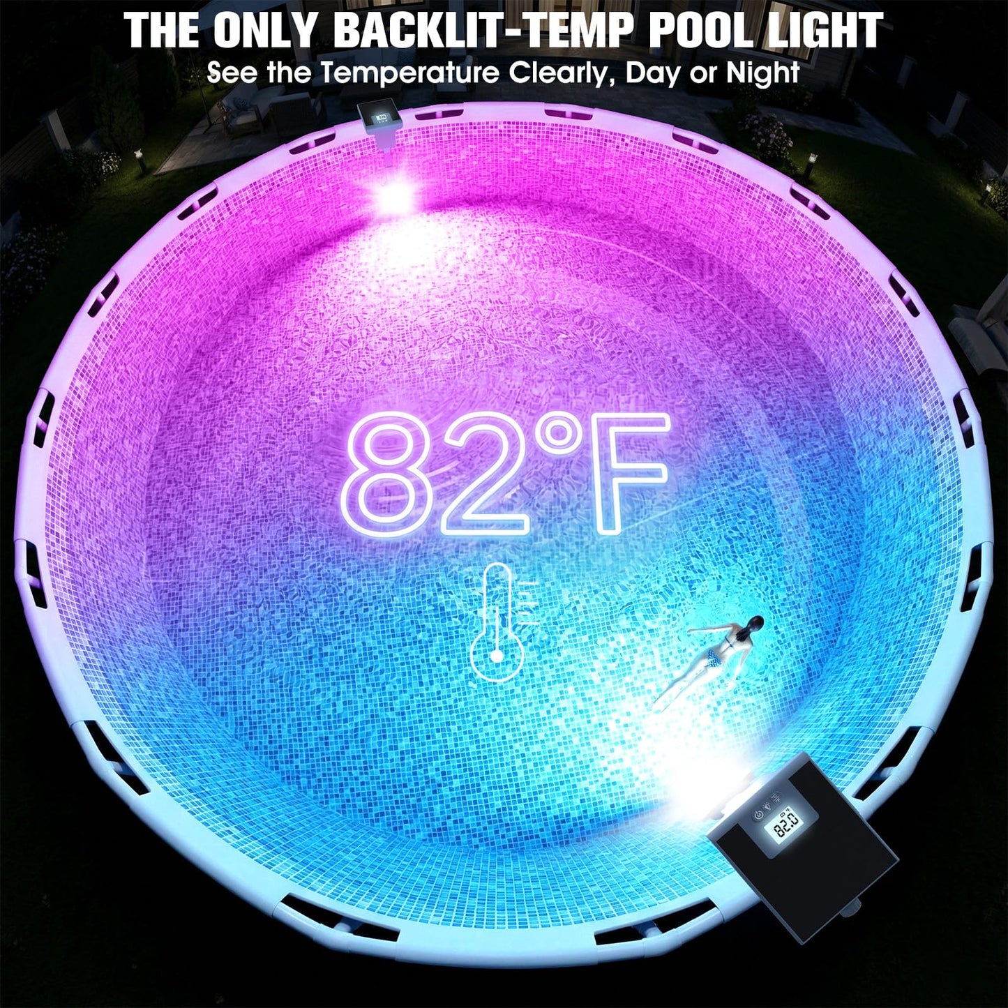 LightHacker Solar Pool Lights for Metal Frame Above Ground Pool, Upgraded Solar Lights w/LCD Pool Thermometer,Underwater Led Lights for Pool Accessories,Swimming Pool Lighting with 10 Light Modes,1PC