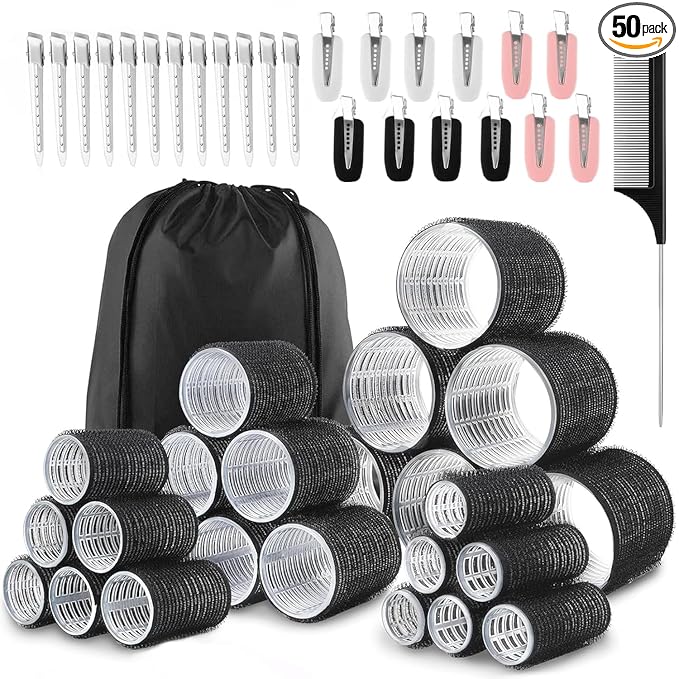 50Piece Hair Rollers set,Self Grip Hair Curlers for Long Medium Short Hair (6 Jumbo + 6 Large + 6 Medium + 6 Small + 1 Storage Bag) and 24Pcs Hair Clips /4-sizes 60 45 36 25mm