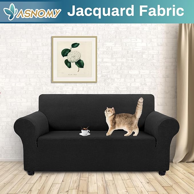 Asnomy Sofa Covers for 2 Cushion Couch Stretch loveseat Cover Slipcovers, Pet Protector Furniture Covers for Dogs Cats Spandex Jacquard Fabric Small Checks（Medium， Black）