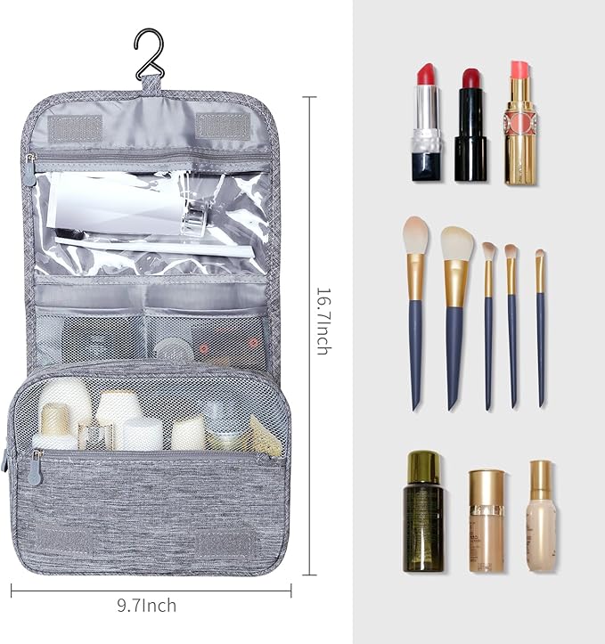 Large Capacity Toiletry Bag Travel Bag with Hanging Hook for Men and Women Waterproof Travel Cosmetic Bag Bathroom Storage Bag for Brushes Set,Full-Sized Shampoo,Toiletries,Accessories-Grey