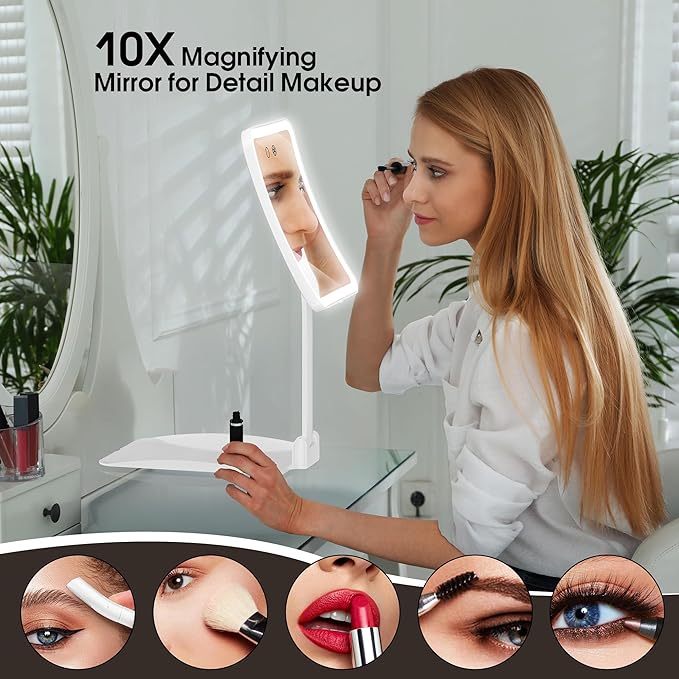 Travel Makeup Mirror with Lights and Magnification 10X, Upgraded Triple-Fold Portable Magnifying Mirror, Adjustable Height/Angle Desk Mirrors with 3-Color Dimmable LED Vanity Mirror, White