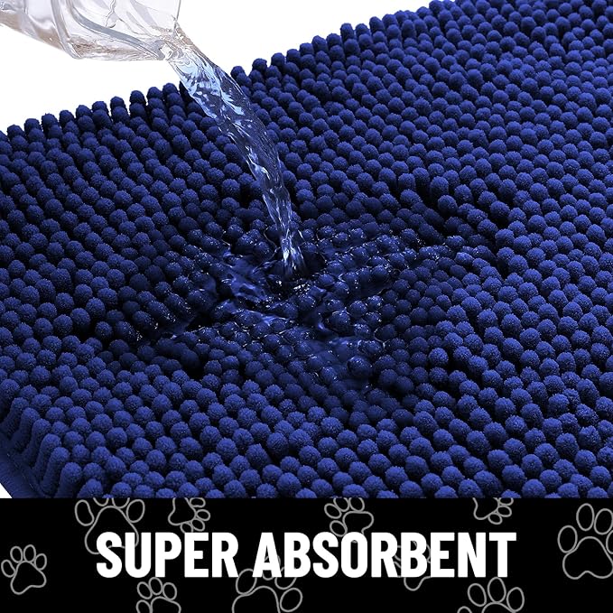 Smiry Dog Door Mat for Muddy Paws, Absorbent Dirt Trapper Non Slip Quick Dry Washable Chenille Mat for Mud Dogs, Entry Rug for Indoor and Outdoor (30x20 Inches, Navy Blue and White)