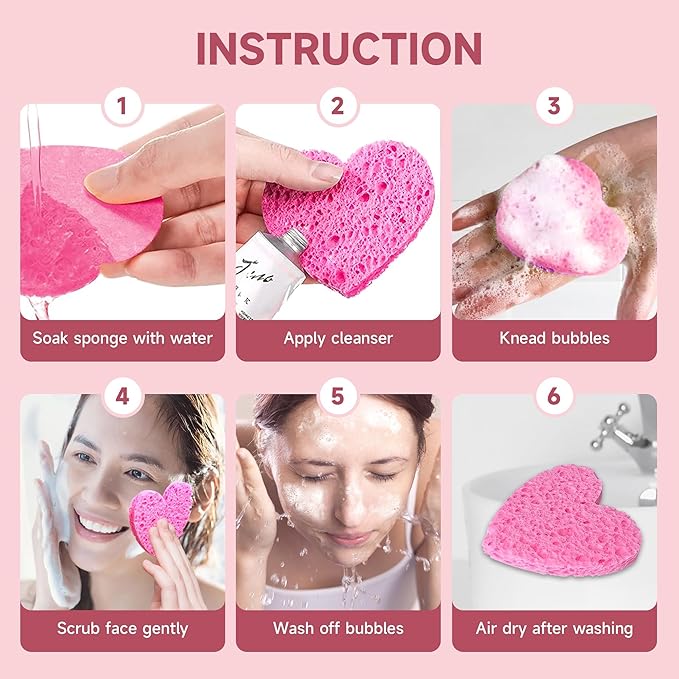 100 Count Compressed Pink Heart Facial Sponges 100% Natural Cellulose Eco-Friendly Makeup Sponges for Gentle Cleansing, Exfoliating & Stubborn Makeup Removal Travel & Home Beauty Essentials for Women