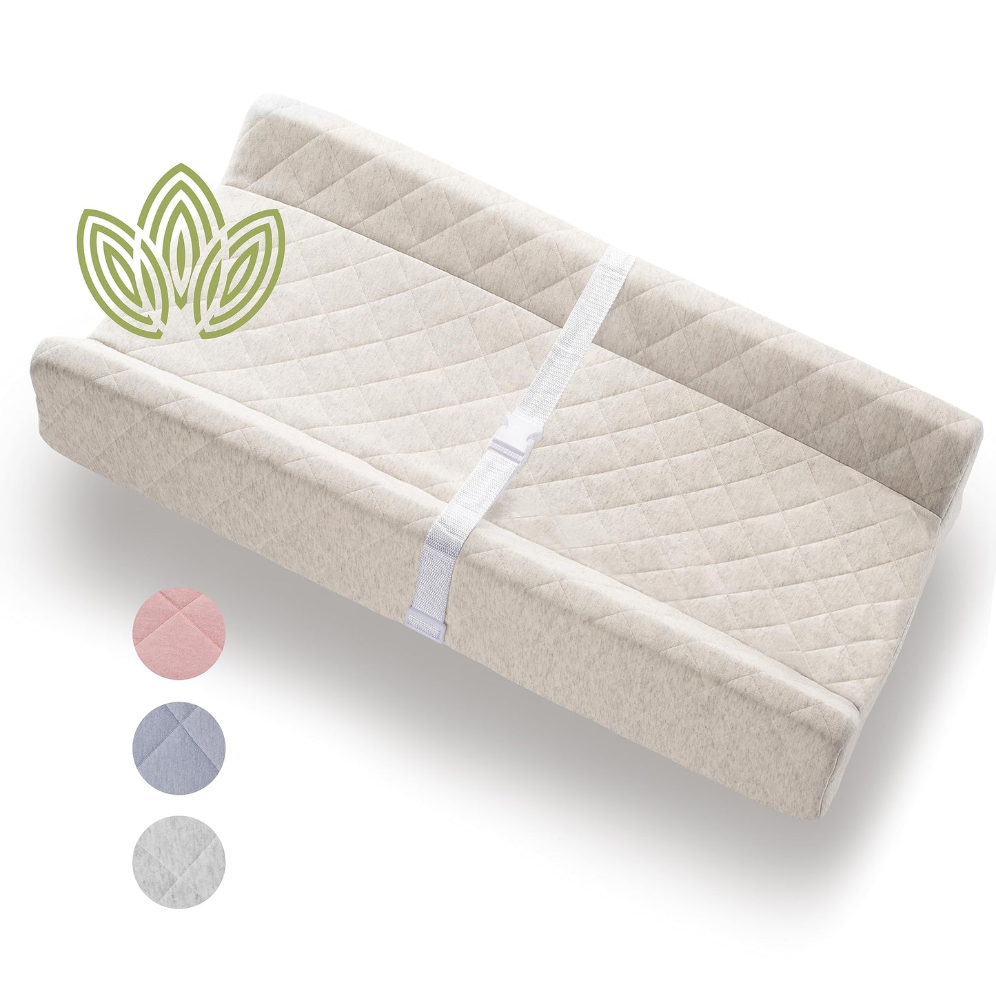 Organic Cotton Cover Contoured Baby Changing Pad w/Waterproof Foam Mattress, Soft, Removable & Washable Cover, Safety Strap, Non-Slip Bottom, Topper for Standard Size Infant Diaper Table & Dresser