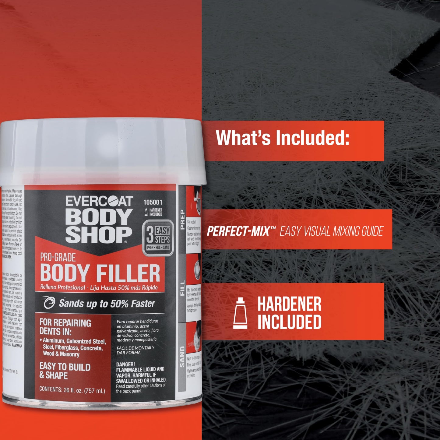 Evercoat Body Shop 105001 Pro-Grade Body Filler, Fast Drying and Lightweight Multipurpose for Dents in Aluminum, Fiberglass & More, Easy Mix Hardener Included 26 Fl Oz.