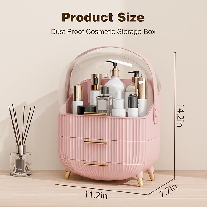 lurcns Vanity Organizer with Lid and Drawers, Beauty Skin Care Storage for Countertop, Birthday Gift for Teen Girls, 10 11 12 13 14 15 16 17 18 Year Old Girl Gifts, Pink Makeup Holder for Dresser | for Vanity
