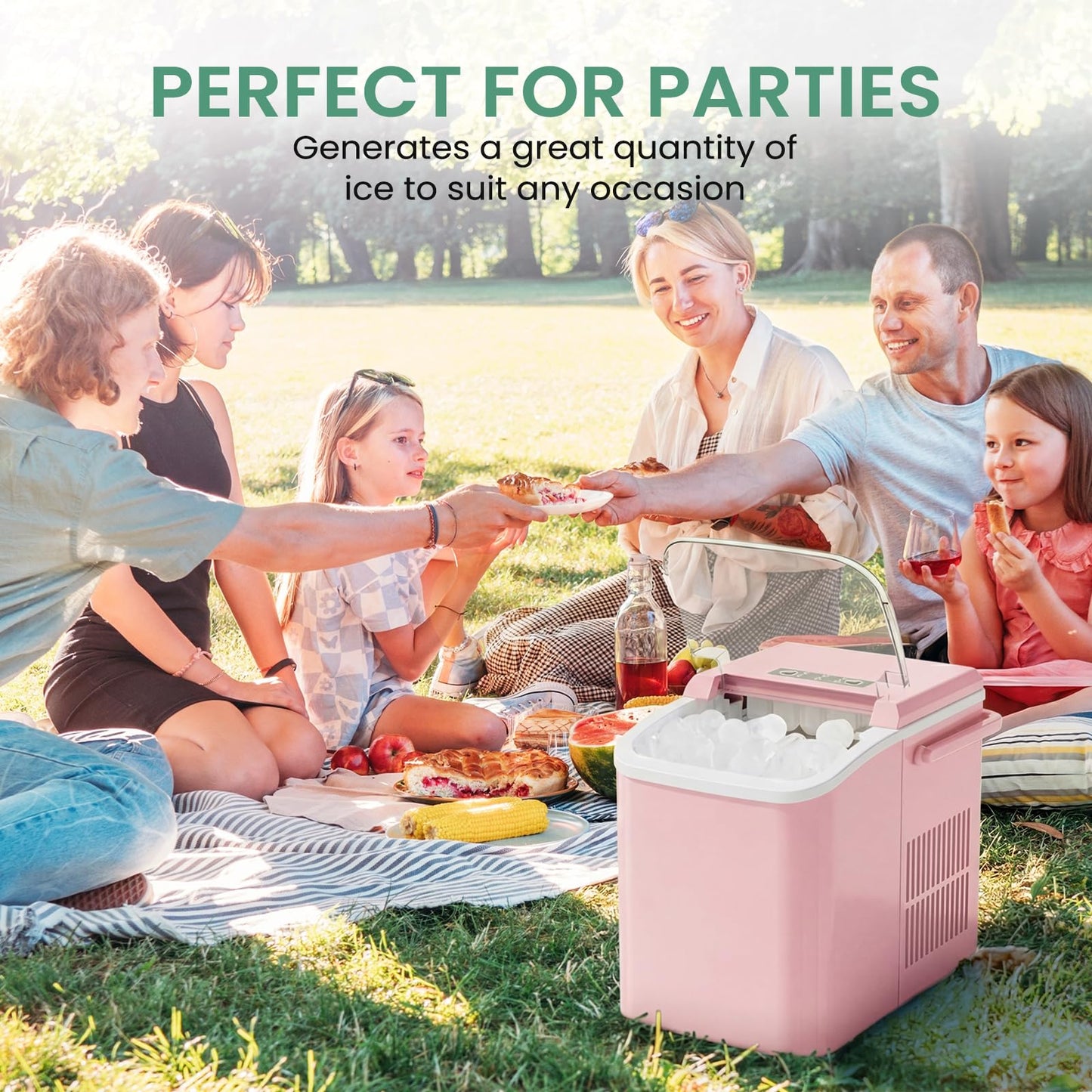 KMFurnila Ice Makers Countertop, Portable Ice Machine with Handle, 6 Mins 9 Bullet Ice Cubes with Basket and Scoop, 26lbs in 24Hrs, Auto-Cleaning, for Home, Kitchen, RV, Camping, Pink