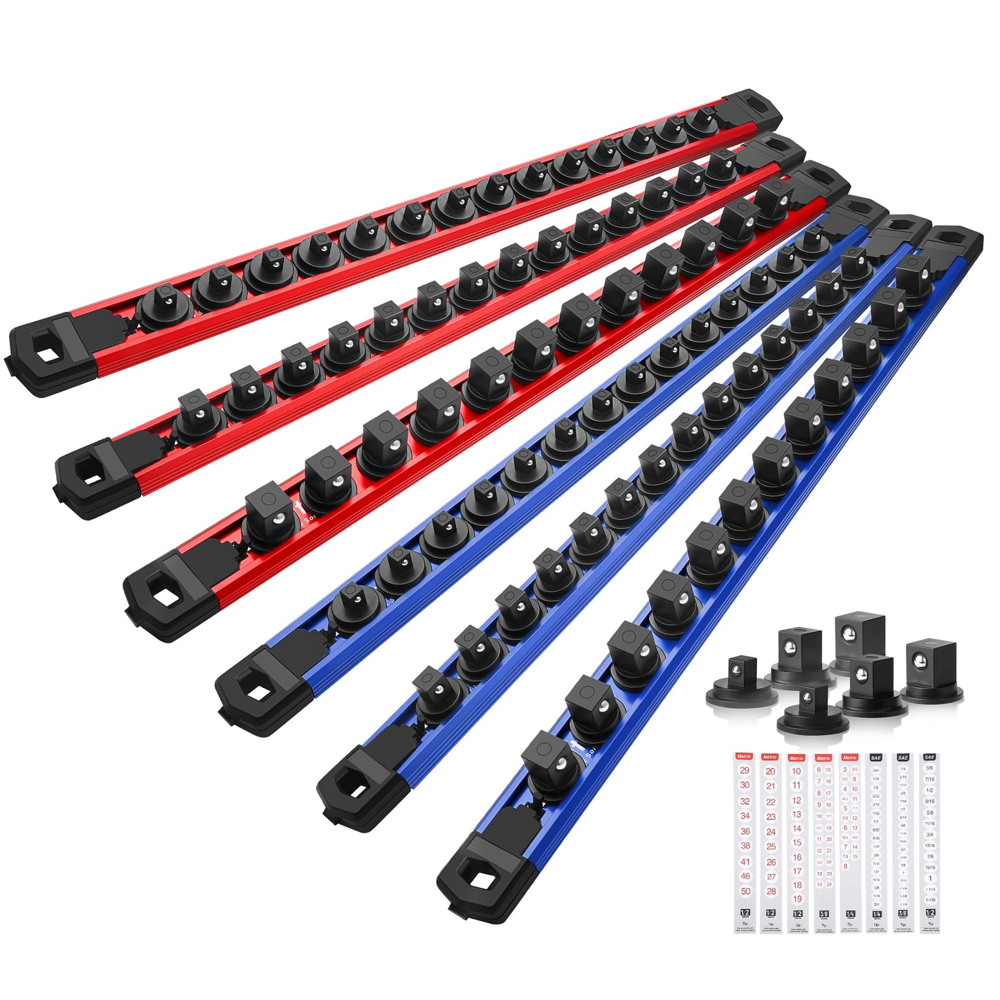 Reniteco Magnetic Socket Organizer Set, 6PC 1/2" 3/8" 1/4" Drive Aluminum Alloy Socket Holder with 80PC 360° Swivel Removable Clips, Magnetic Socket Rail for Tool Box Drawer, Red&Blue