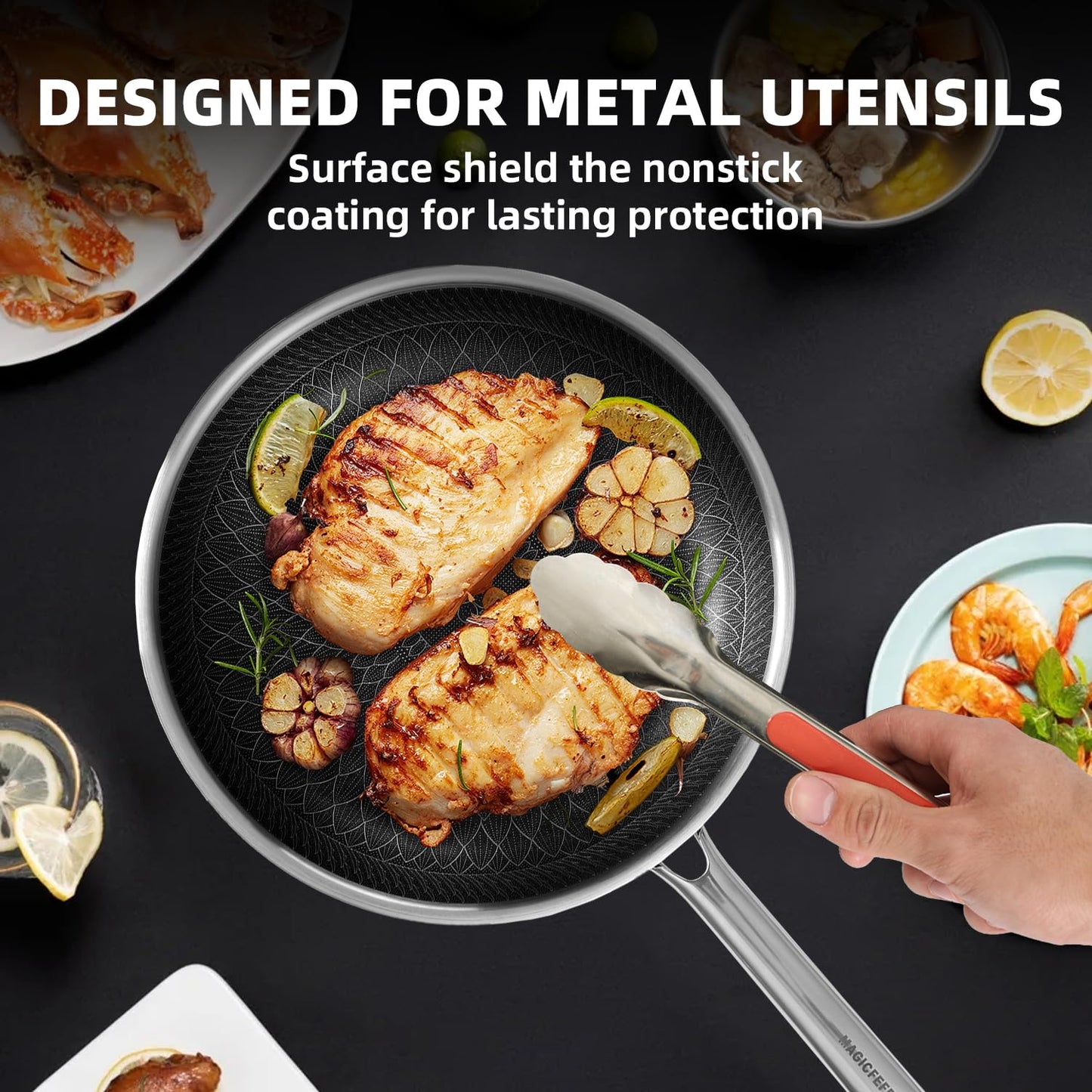 MAGICFEFE Non Stick Frying Pan 12 Inch with Lid, Hybrid Nonstick Stainless Steel Skillet Pan with Stay-cooling Handle, PFOA Free Non Toxic Dishwash & Oven Safe, Induction Ready, All Cooktops