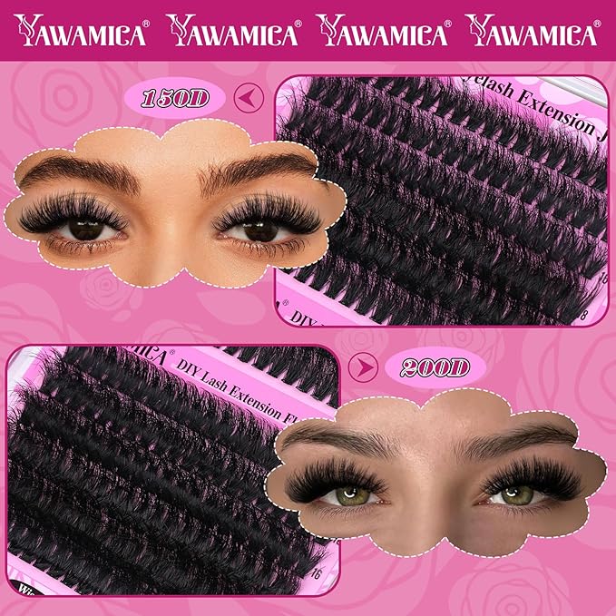 Yawamica Fluffier Lash Clusters Kit 150D+200D Thick Volume Lash Extension 14-20mm Wispy Eyelash Clusters Individual Lashes Kit with Bond, Remover, Applicator for DIY Lash Extension