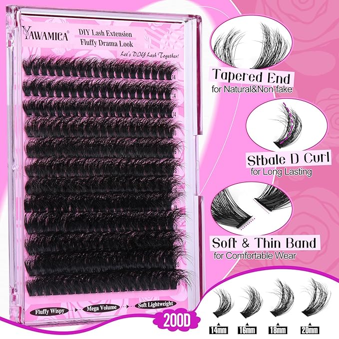 Yawamica Fluffy Lash Clusters Thick 200D Volume Eyelash Clusters 14-20mm Wispy Individual Lashes D Curly Cluster Eyelash Extensions 240pcs DIY Lash Extension for Beginners