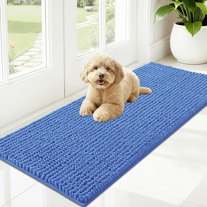 OLANLY Dog Door Mat for Muddy Paws 47x20, Ultra Absorbent Chenille Mud Doormat, Non-Slip Washable and Dirt Trapping Doormat for Indoor Entryway, Quick-Dry Indoor Pet Bed Mats for Dogs, Cornflower Blue