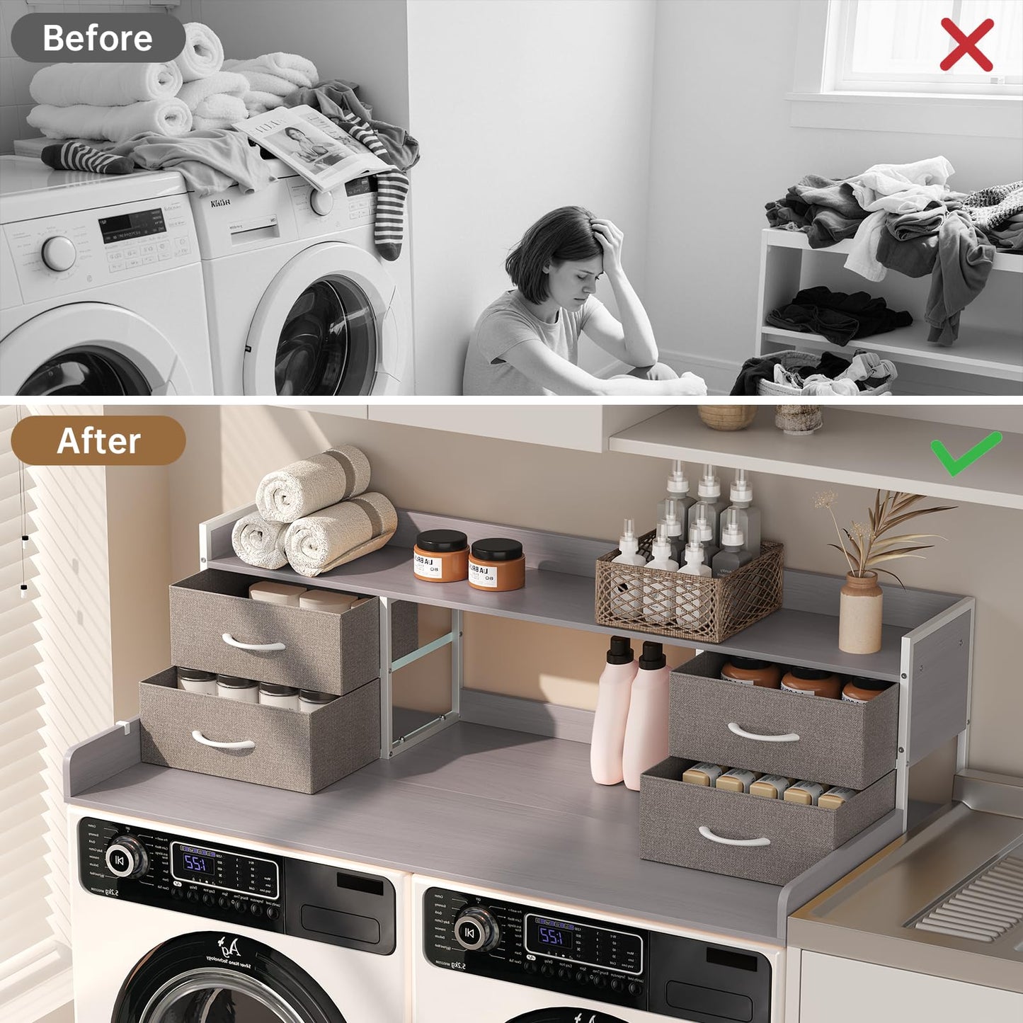 4 Drawers Washer Dryer Countertop with Shelf, 27.5" D x 54" W Laundry Topper with 3.54" High Guardrails and Non-Slip Pads,Extra Storage Organizer for Over Washer and Dryer, Holds 66 Lbs, Light Grey