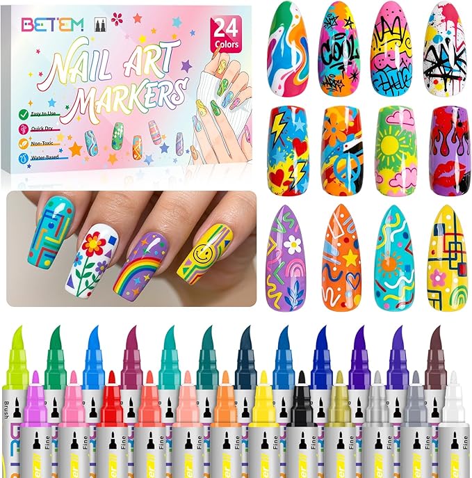 Betem Nail Art Pens Set, Dual Tip 24 Colors Nails Art Markers Non-Toxic, Quick-drying Nail Polish Pens, Acrylic Nail Kit for Home & Salon DIY, Easy French Manicure Tool, Gifts for Mom, Friends