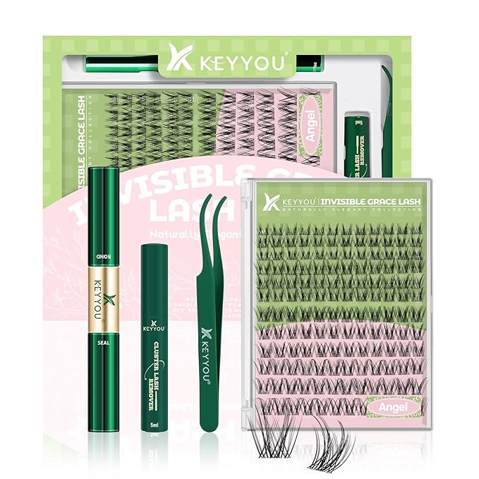 KEYYOU Angel lash Clusters Kit Lash Extension Kit C Curl 144Pcs Eyelash Extension Kit Wispy Natural Invisible Band Lash Kit with Waterproof DIY Lash Extension Kit at Home(Angel-D-8-18MIX)