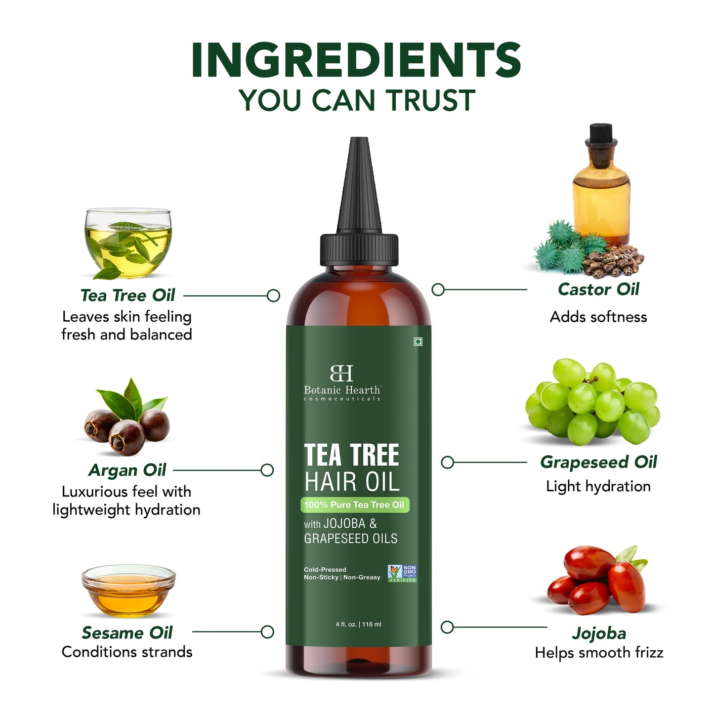 Botanic Hearth 100% Pure Tea Tree Oil For Hair Growth & Hair Treatment Oils 4 Fl oz | Infused with coconut Oil | Hair Oil Repairs Dry Damaged Hair, Strengthening, Healthier | All Hair Types