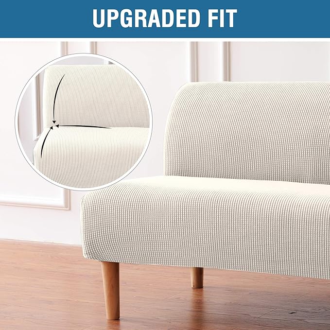 H.VERSAILTEX Armless Futon Cover Stretch Sofa Bed Slipcover Protector Elastic Feature Rich Textured High Spandex Small Checks Jacquard Fabric Futon Cover, Machine Washable, Ivory