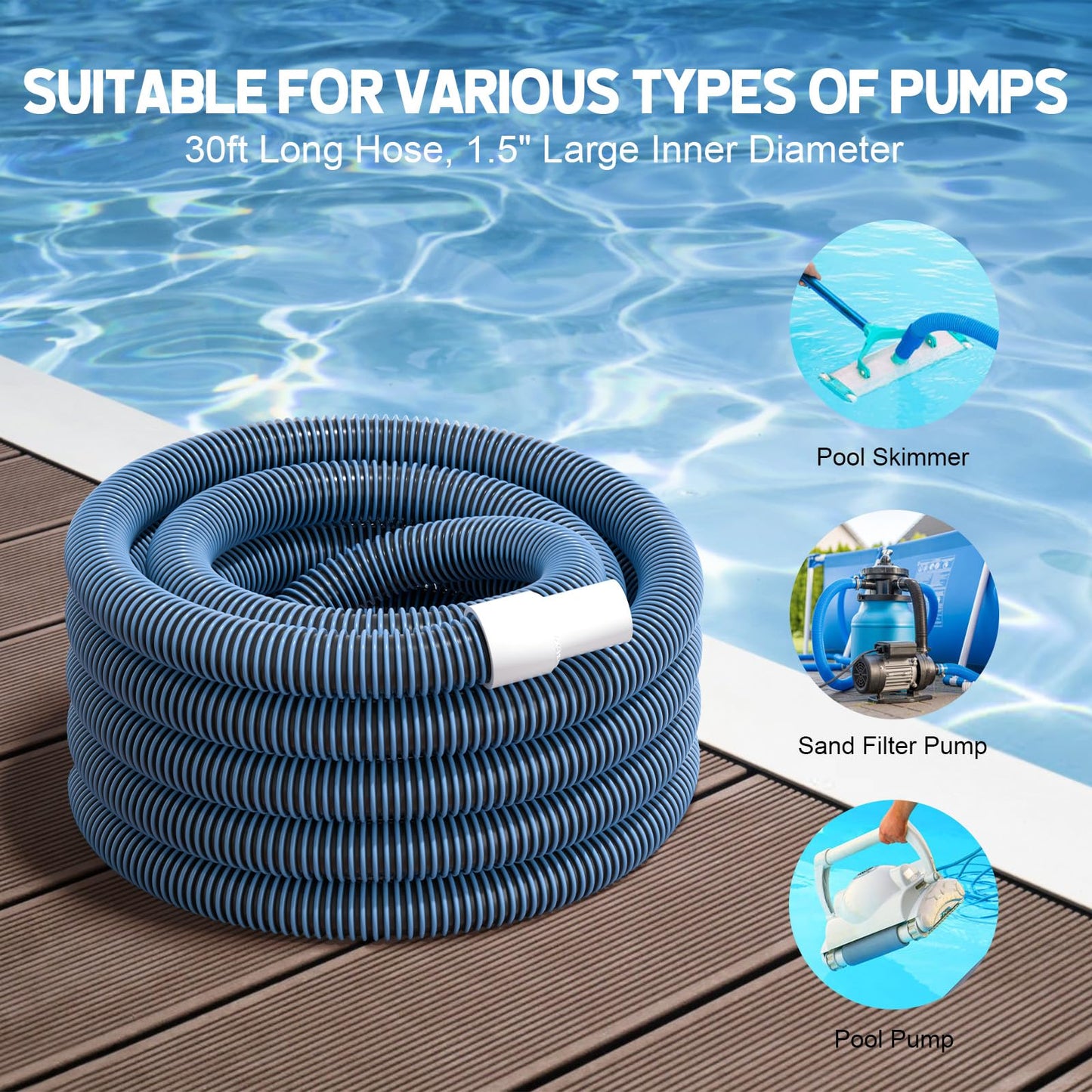 BEWAVE Pool Vacuum Hose, Above/In Ground Manual Heavy Duty Swimming Pool Hose with Swivel Cuff, 1-1/2 In x 30 Ft