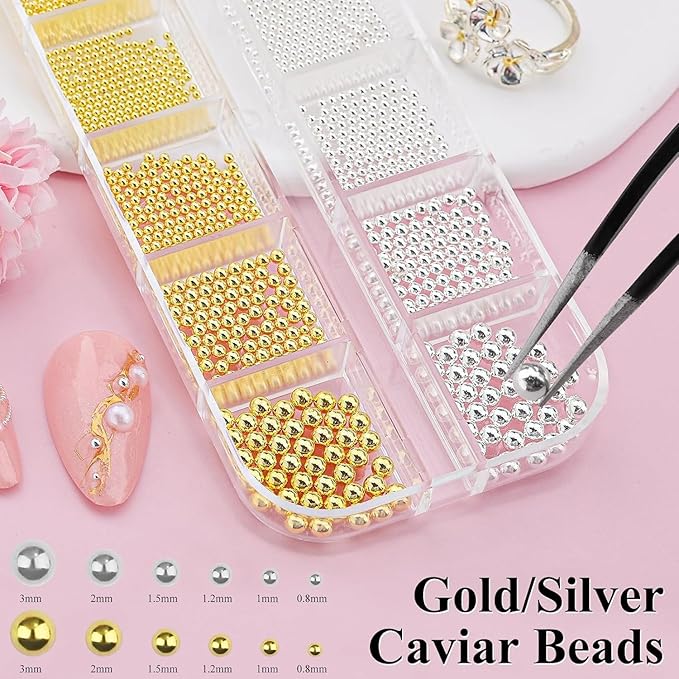 0.8mm Mini Small Nail Beads Stainless Steel Beads Nail Beads Gold Charms Nails Art Decorations Gun Grey Rose Gold Caviar Nail Charms DIY Tool Nail Studs Accessories Caviar Beads for Nails (Silver)