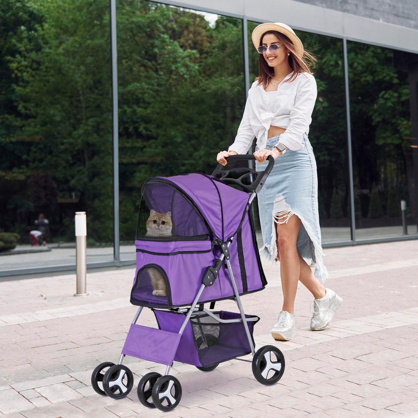 ZENY Foldable Pet Stroller, Cat/Dog Stroller with 4 Wheel, Pet Travel Carrier Strolling Cart with Storage Basket, Cup Holder (Purple)