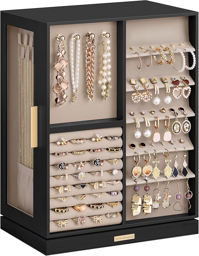 SONGMICS Jewelry Box 360° Rotating, Jewelry Storage Case with 7 Drawers, Jewelry Organizer, Glass Window, Spacious, Vertical Jewelry Storage, Open Design, Great Gift, Ink Black UJBC201B01