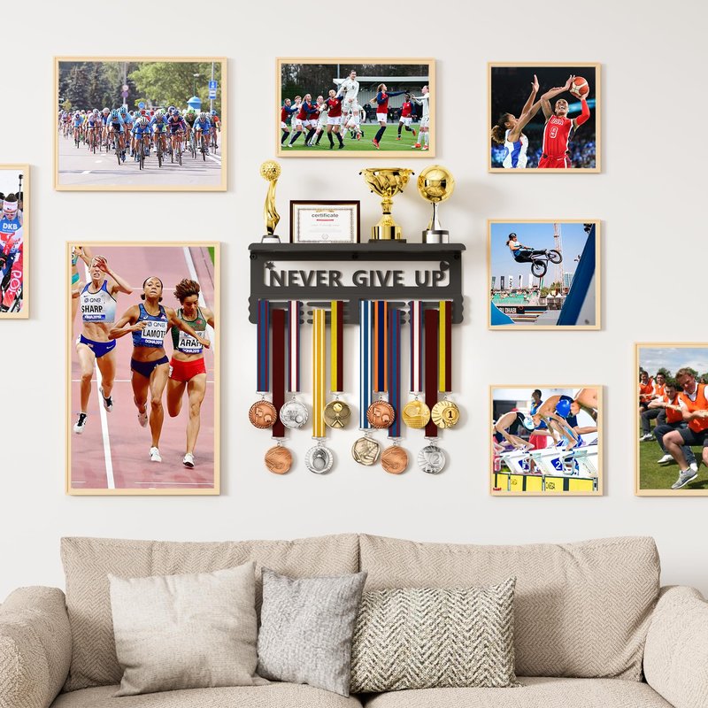 YXFOOR Medal Display Holder Wall Mount with Trophy Shelf - Large Capacity Award Rack for Race, Marathon, Soccer, Gymnastics, Swim Meets - Metal Sports Medal Hanger for Home Office Decor