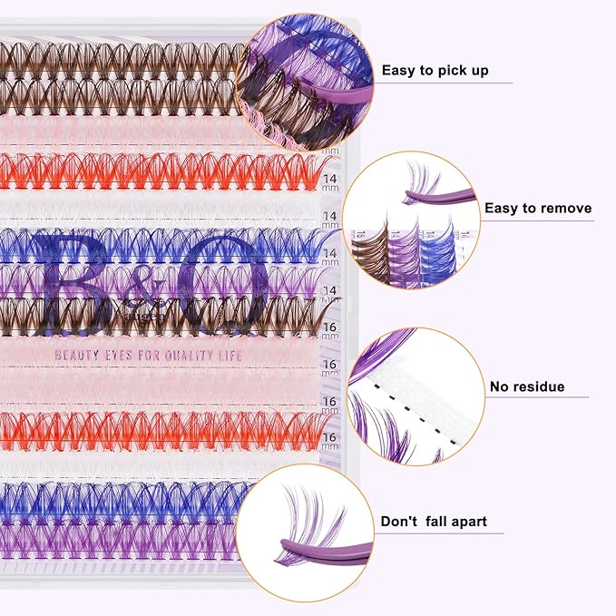 B&Q 280PCS Colored & Rainbow False Eyelashes Kit, 6 Vibrant Colors DIY Volume Lashes, Includes Lash Glue & Remover, Professional Cluster Lashes for Party, Stage, Cosplay, Festival Makeup