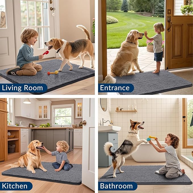 Smiry Dog Door Mat for Muddy Paws 59x24, Absorbs Moisture and Dirt Doormat, Non-Slip Washable Quick Dry Chenille Front Door Mat Indoor Entrance, Entryway Carpet for Inside Floor, Dark Grey