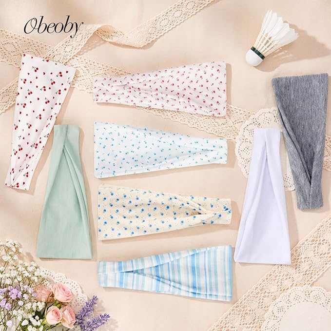 obeoby 8 Pack Cherry Headbands for Spring Summer Outfits, Non Slip Fashion Floral Headbands for Women Girls