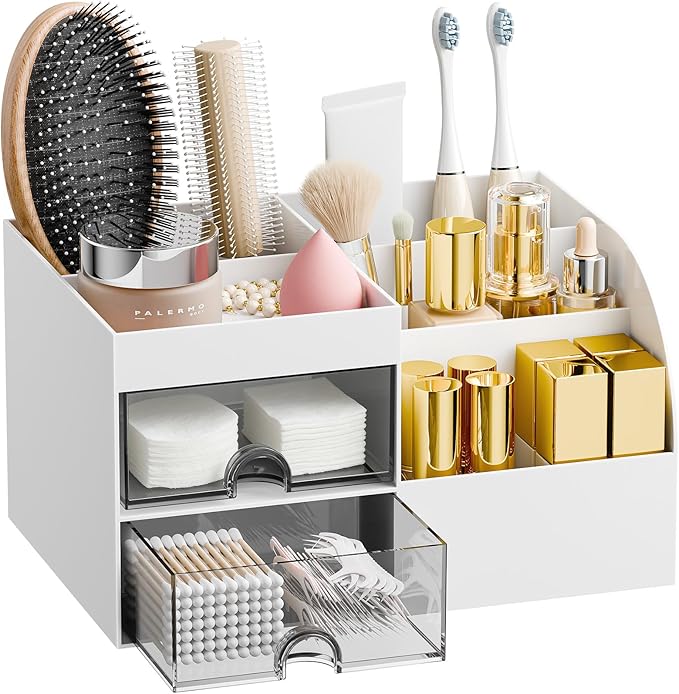 Makeup Organizer with 2 Drawers, Makeup Organizers Countertop for Vanity and Bathroom, Make up organization and Skincare Storage with Brush Holder, for Dresser, Desktop, Cosmetic Display Case (White)