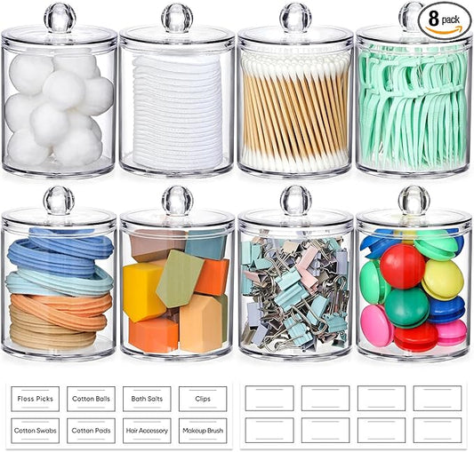 AOZITA 8 Pack Acrylic Qtip Holder Dispenser with Lids & Labels, Cotton Swab, Ball, Round Pads, Floss Picks Storage Canister - Clear Plastic Apothecary Jar for Bathroom Vanity Makeup Organizer