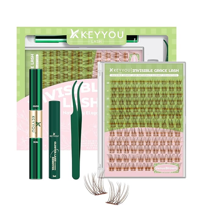 KEYYOU Venus Brown Lash Clusters Kit Fairy Lash Extension Kit C Curl 120Pcs 8-16MIX Eyelash Extension Wispy Natural Invisible Band Lash with Waterproof DIY Lash Extension Kit at Home