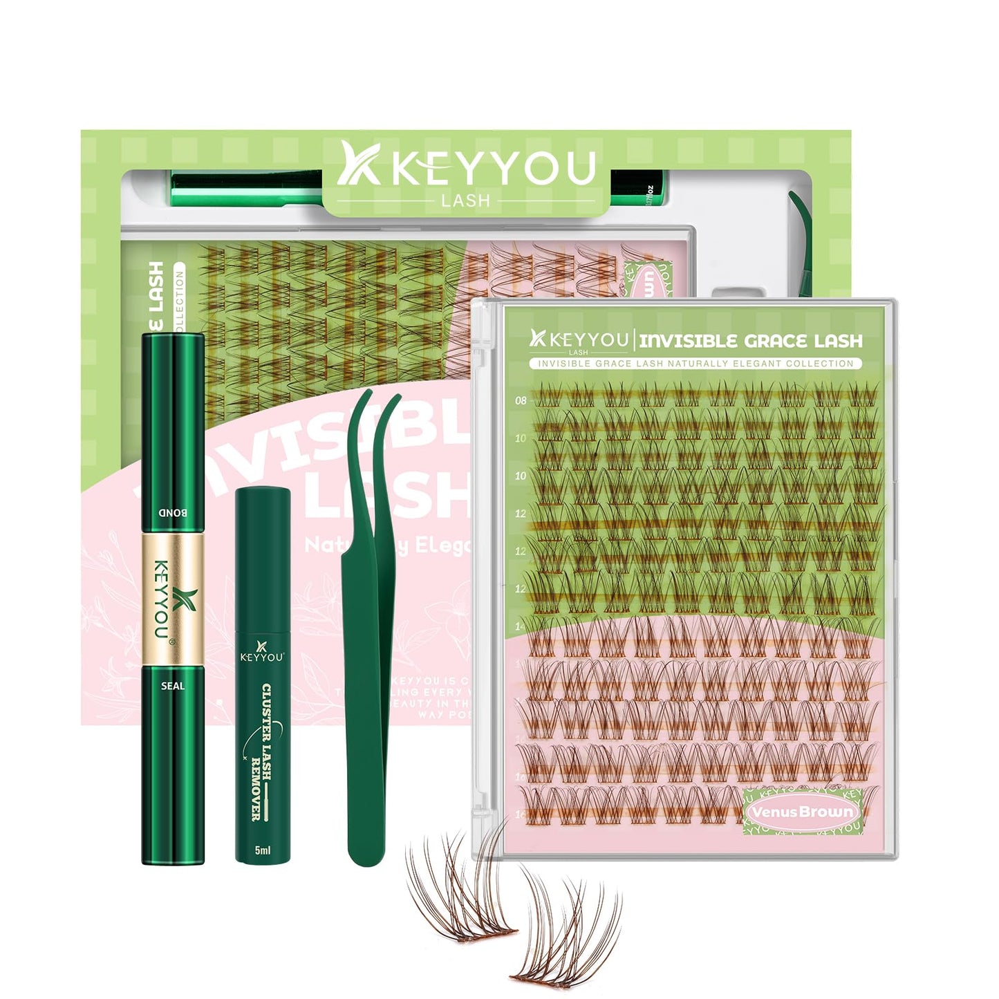 KEYYOU Venus Brown Lash Clusters Kit Fairy Lash Extension Kit C Curl 120Pcs Eyelash Extension Wispy Natural Invisible Band Lash with Waterproof DIY Lash Extension Kit at Home(Venus Brown-C-8-16MIX)