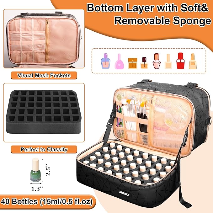 Nail Polish Organizer Bag Holds Nail Lamp& 50 Bottles (15ml/0.5fl.oz), PU Leather Nail Supplies Organizer Case with Shoulder& Holder Strap, Travel Nail Kit Storage for Manicure Tools (Black)