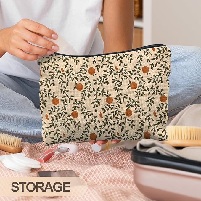 Vintage Citrus Orange Makeup Bag, Boho Botanical Cosmetic Bags for Women, Fruit Makeup Bag, Fruit Lover Gifts, Orange Gifts for Women Cosmetic Bag Toiletry Bag